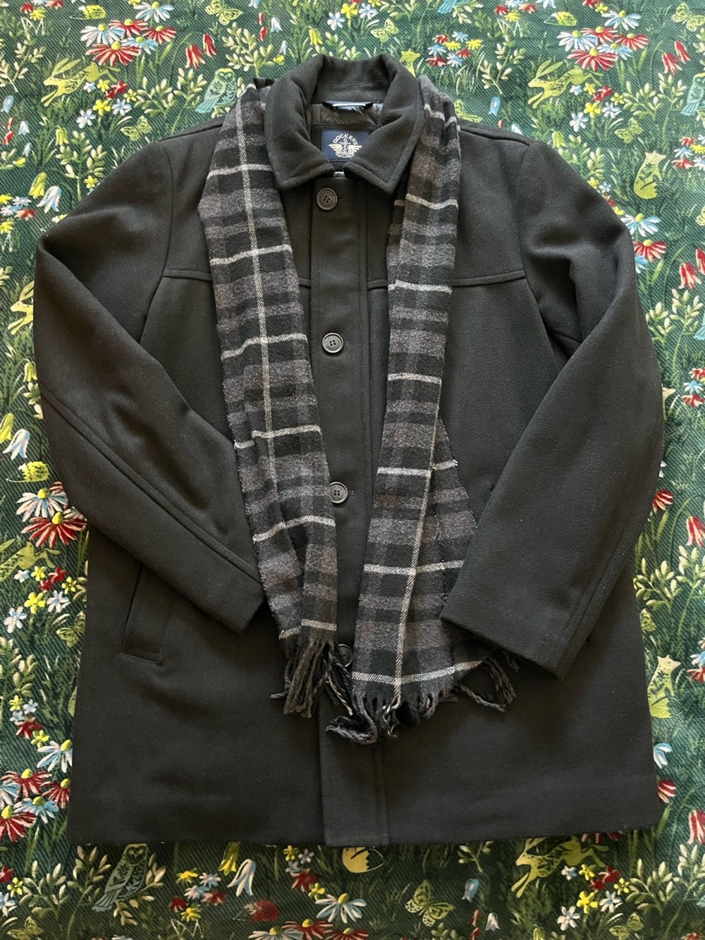 Dockers Black Pea Coat with Gray Plaid Scarf Size L